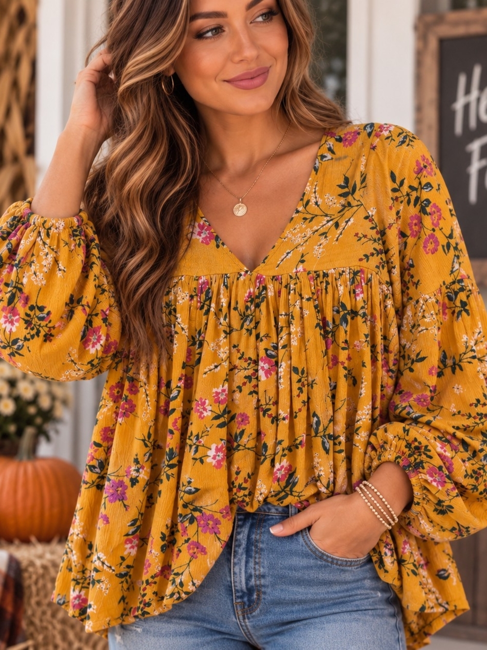 Altar'd State Mustard Floral Boho Babydoll Blouse Small